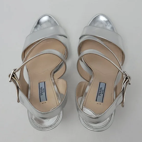 Prada Metallic Silver Platform Slingeback Strappy Straps Heel Sandals Size 39.5 - Picture 12 of 16